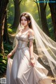 A woman in a wedding dress standing in the woods.