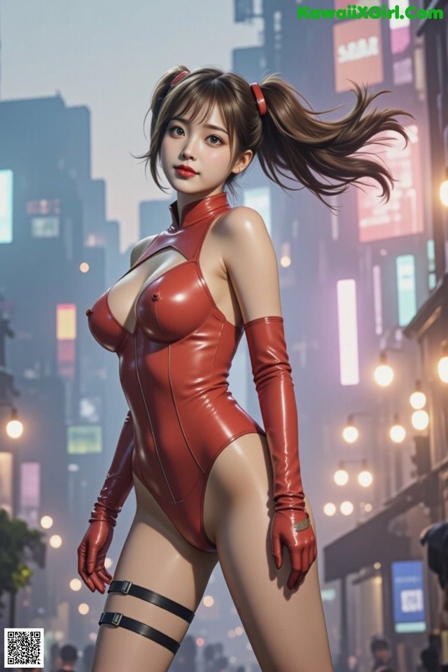 A woman in a red bodysuit standing in the middle of a city.